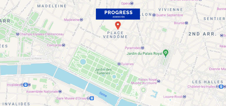 Plan d'accès des bureaux de Progress Associés, Place Vendôme à Paris, FRANCE